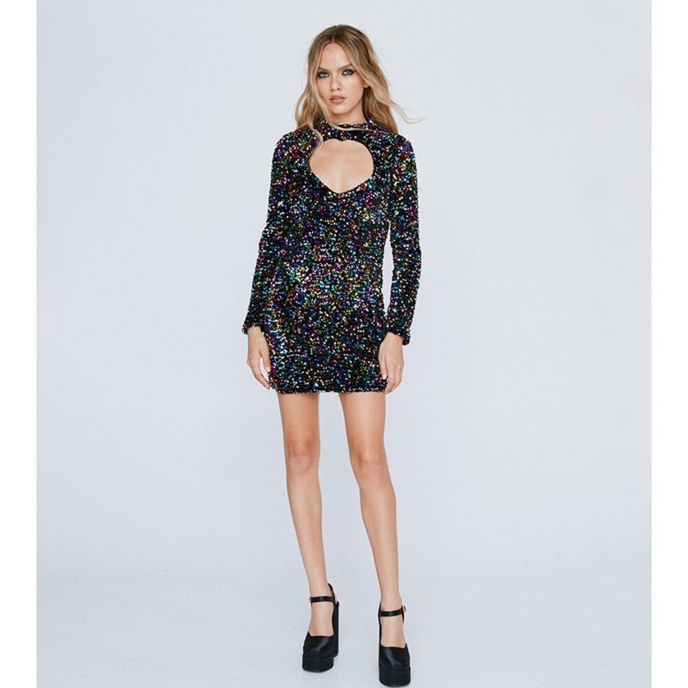 Nasty Gal Heart Cut Out Sequin Bodycon Mini Dress Size 14 (US) Black NWT